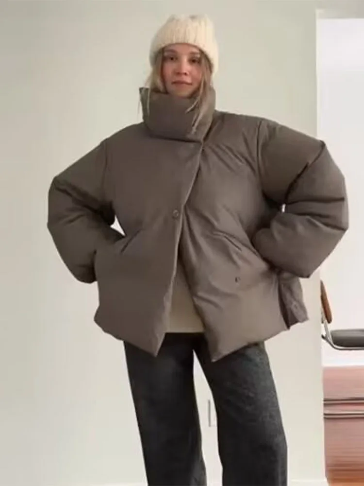 

HH Woman Fashion Long Sleeves Solid Color High Collar Hidden Buckle Cotton Jacket Female Casual Versatile Winter Warm Coat