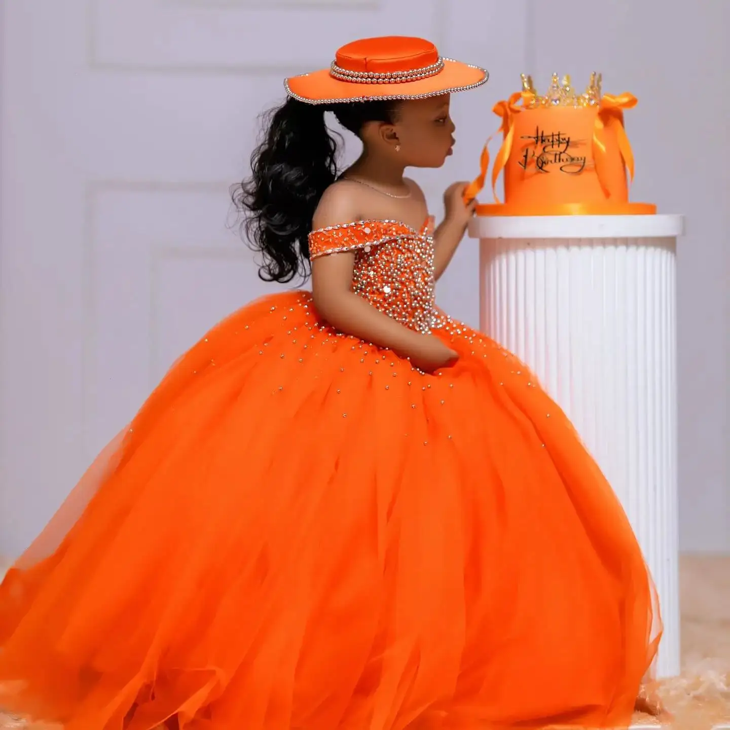 فساتين حفلات أعياد الميلاد للفتيات من التول البرتقالي، فساتين مخصصة لفتاة الزهور الكريستالية لحفلات الزفاف للفتيات الصغيرات