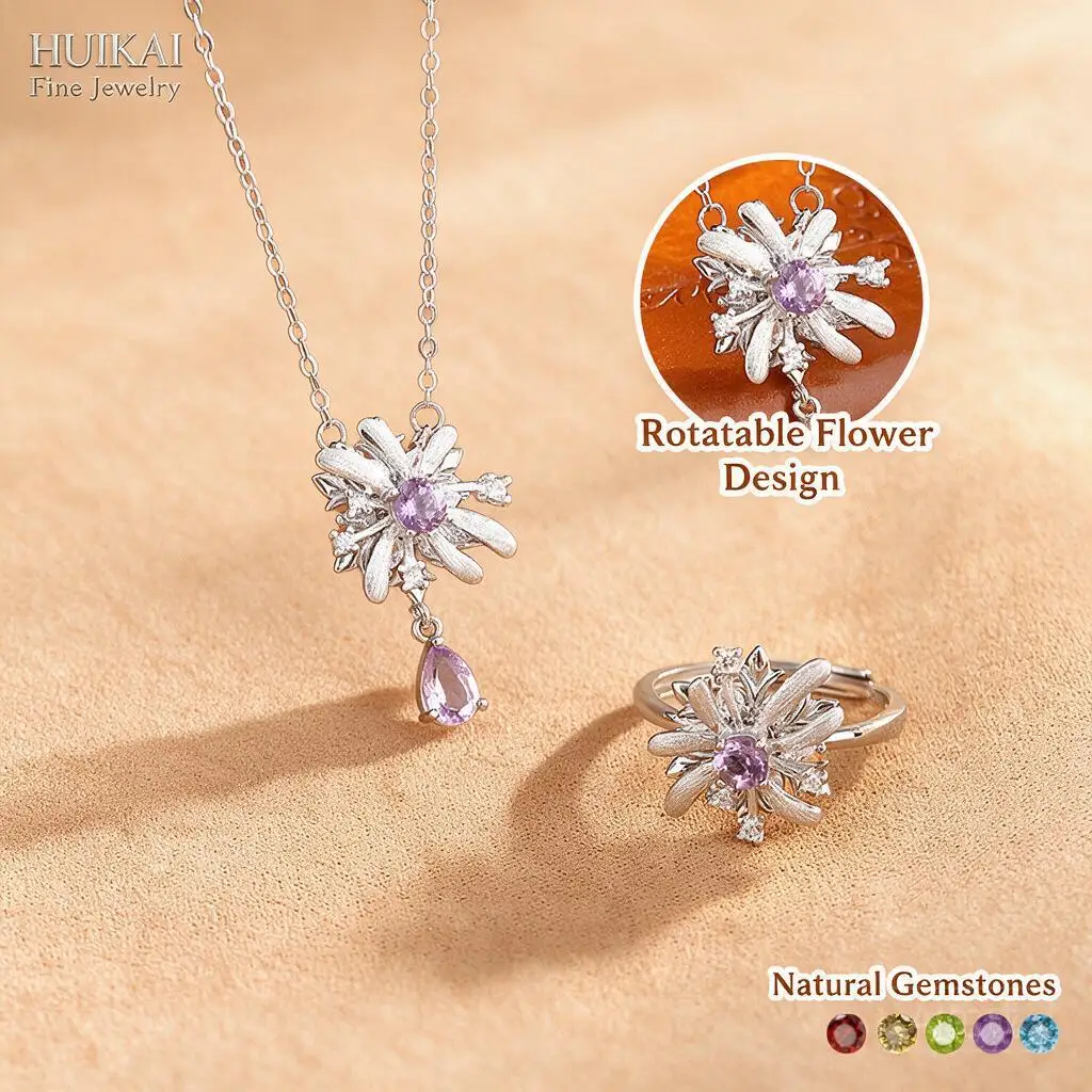 Luxury Rotating Firework 925 Sterling Silver Natural Crystal Jewelry Set Necklace Adjustable Ring 2pcs Set Luxury Gift For Women
