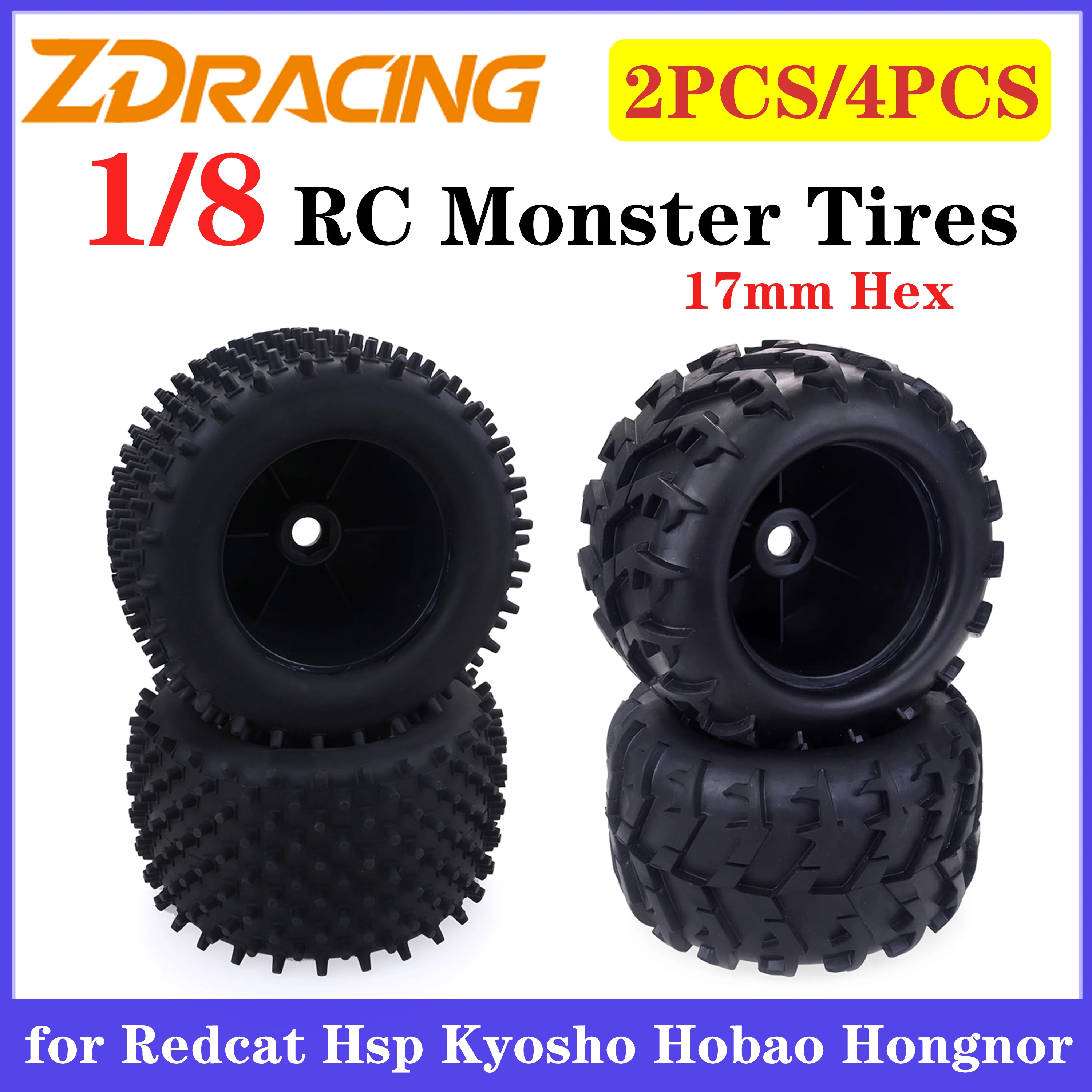 

New ZD Racing 2/4PCS 1/8 RC On-Road Monster Tires 17mm Adapter Skidproof Tyres for Redcat Hsp Kyosho Hobao Hongnor Truggy Truck