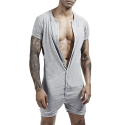 Sexy Button-up Crew Neck Jumpsuits Mens Summer Casual Solid Color Slim Fit Short Sleeve Bodycon Mens Pajamas Shorts Bodysuits