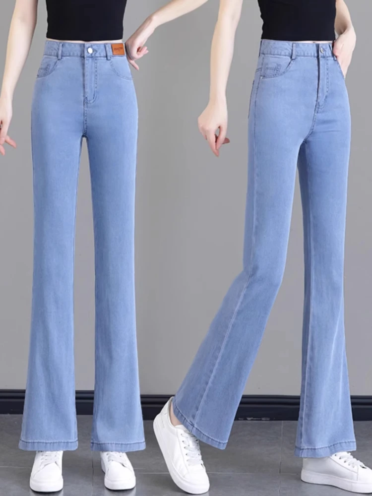 

Черные шелковые широкие джинсы Женские летние тонкие брюки с высокой талией Slim Ice Silk Расклешенные брюки Повседневные длинные брюки Джинсы-стойка