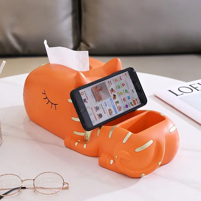 Mesa de té con adorno de gato y gatito, caja de pañuelos multifuncional, cartón para comedor, sala de estar, almacenamiento creativo con control remoto