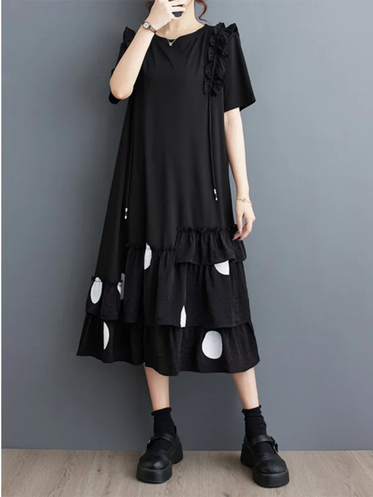 #3816 Black Long T Shirt Dress Short Sleeves Loose Spliced Ruffles Polka Dot Printed Irregular Tshirt Dress Ladies Loose O-Neck