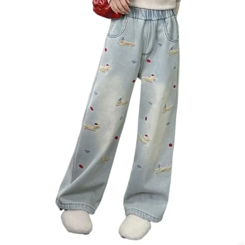 39BC ガールズヒップホップワイドレッグジーンズパンツ刺繍ハート弾性ハイウエストストレートルーズフィットだぶだぶのデニムパンツ