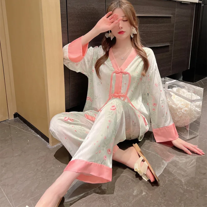 Pajamas For Women In Spring And Autumn New Chinese Style Button Cardigan Long Sleeved Premium Ice Silk Casual Home Clothes Suit