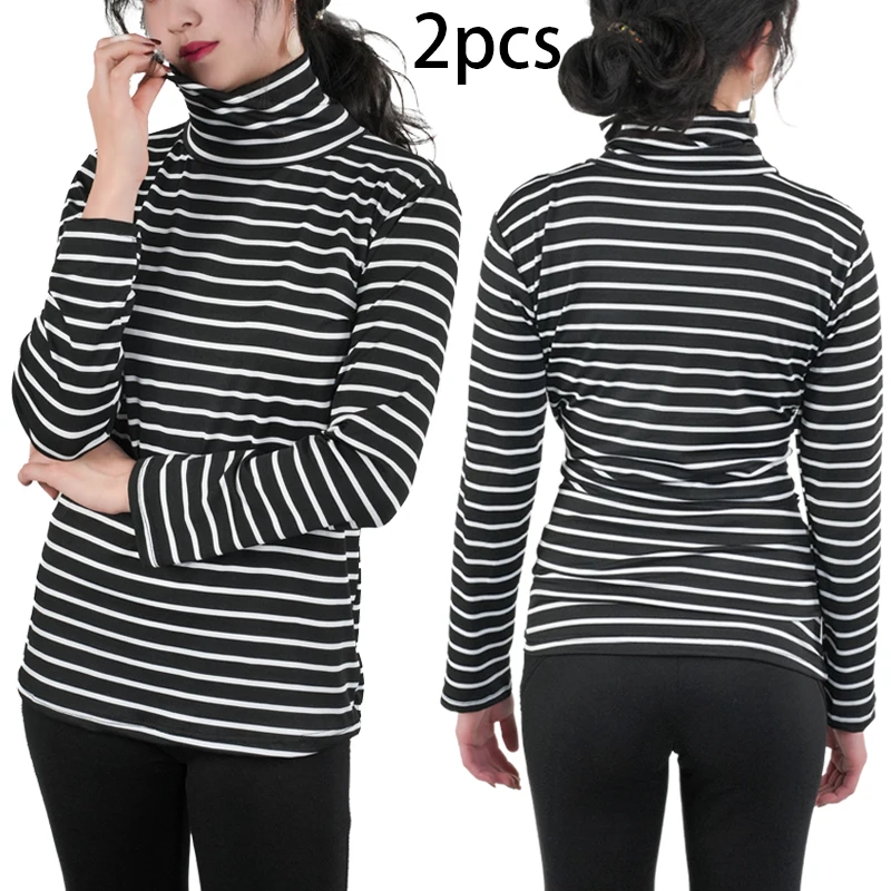 2pcs Women Spring Autumn Classic Stripe Thin Warm Long-sleeved T-shirt Fashion High Collar Slim Elastic Thermal Knitting Top