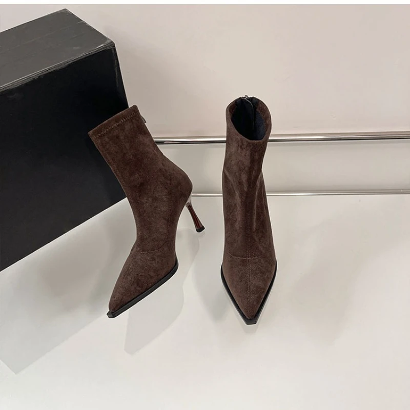 Pointed Toe Women's High Heel Ankle Boots Elegant Dancing Party Shoes 2026 New Spring Autumn Women's Stretch Slim Short Booties view 2