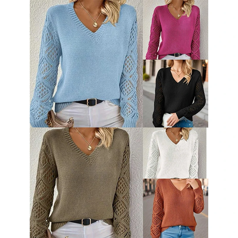 

Spring Autumn Knitted Sweater Women's Overhead Long Sve Loose V-ne Base irt Hollow out Knitwear Street Sle Polyester...
