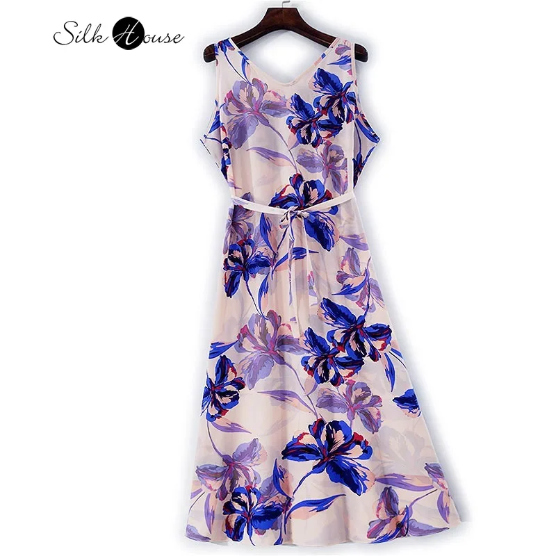 2026 Estate delle donne Nuovo 100% seta di gelso naturale Crepe De Chine senza maniche rosa chiaro fiore stampato abito con scollo a V