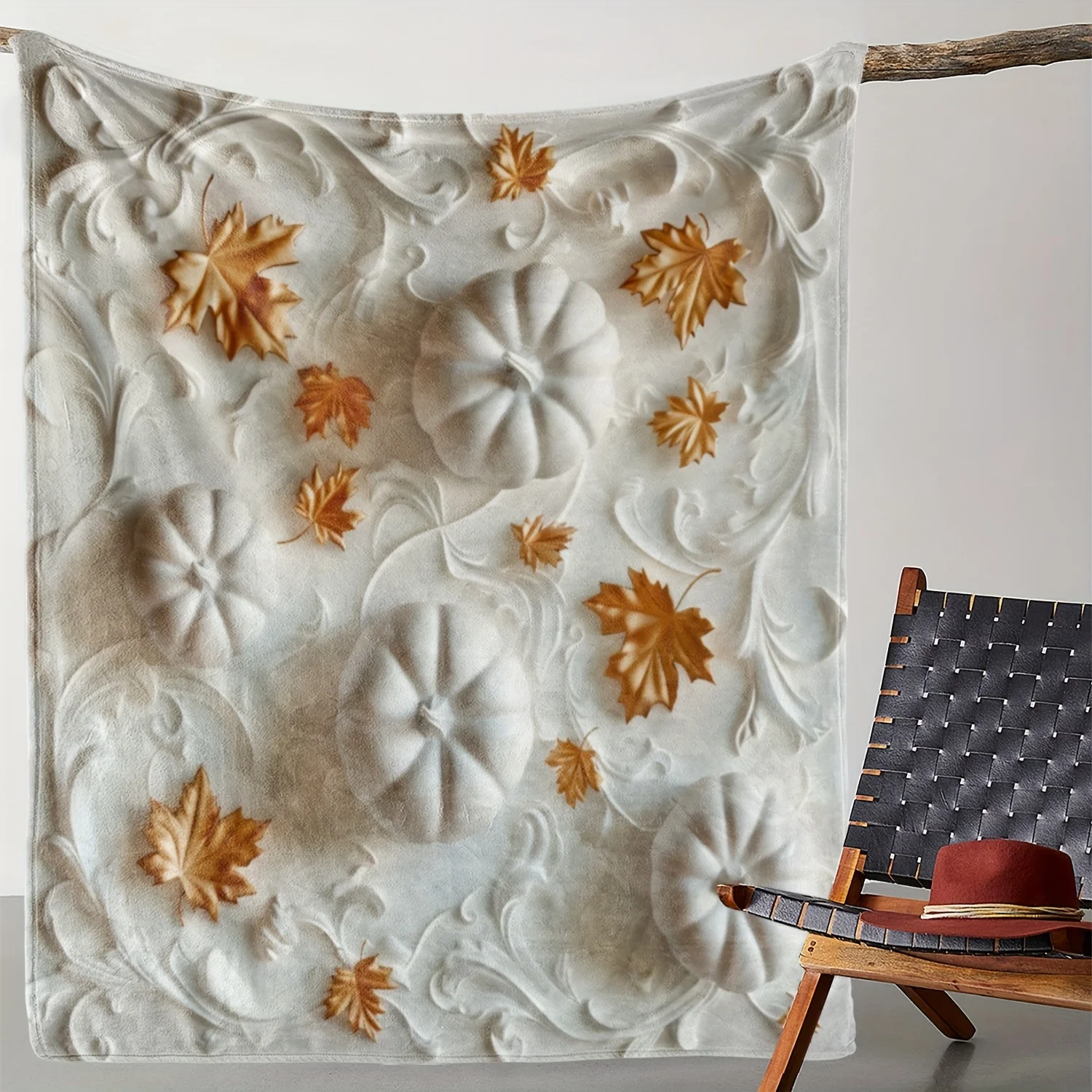 

Vintage Pumpkin and Maple Leaf Print Flannel Throw Blanket, Soft Cozy Warm Multipurpose All-Season Throw for Sofa, Bed, Office