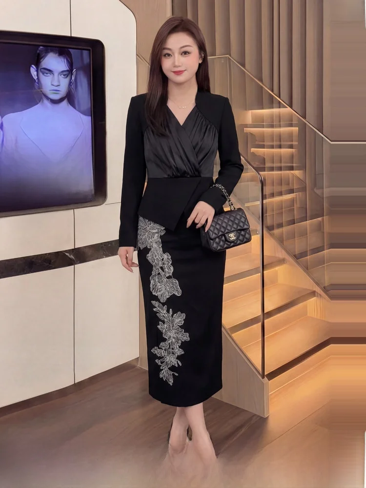 

Spring Faion plus Size Women's irt Embroidery Skirt Set High Waist A-Line Long Sve V-Ne Polka Dot Korean Sle