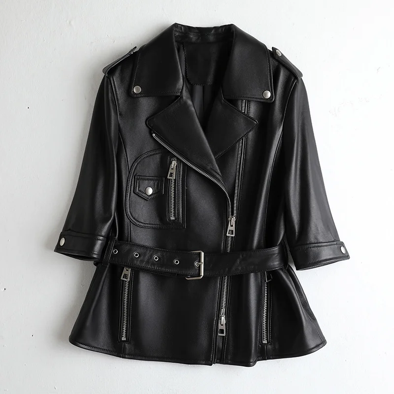 

2024Genuine Leather Autumn/Winter New Flipped Face Mid Sleeve Motorcycle Zipper Coat Belt Short Sheepskin Jacket Wome