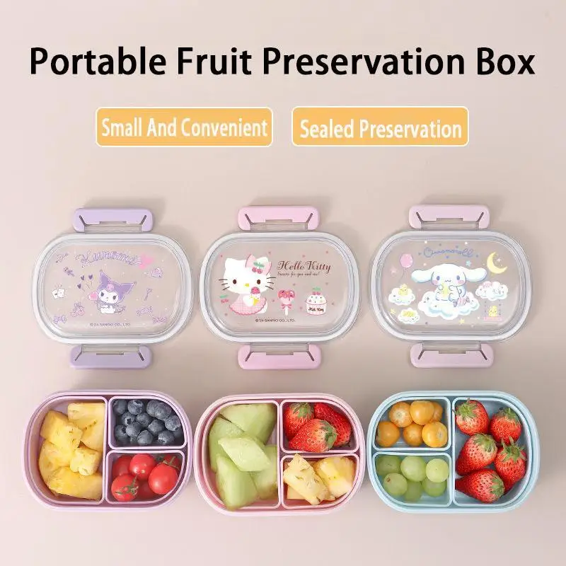 580Ml Sanrio Hello Kitty Lunch Box Kuromi Cinnamoroll Kawaii 800Ml Large Capacity Student Portable Fruit Preservation Bento Box