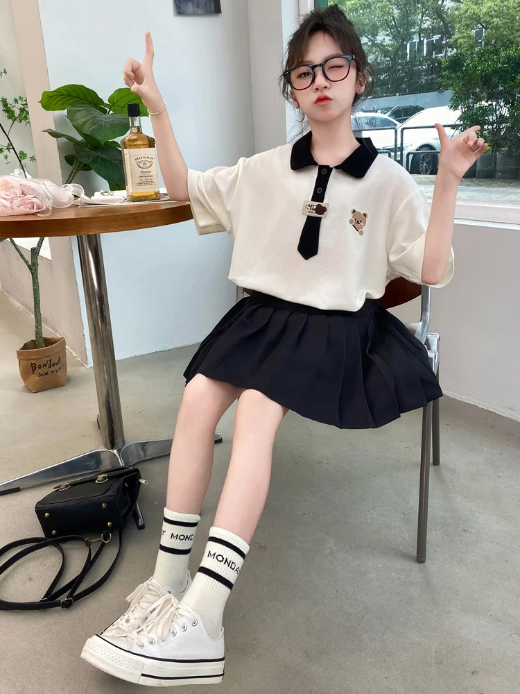 ラ・シャペル-ガールズプレッピースタイル-ツーピースセット-半袖ショートパンツ-夏服-中～大サイズの子供向け-エレガントなクマ柄