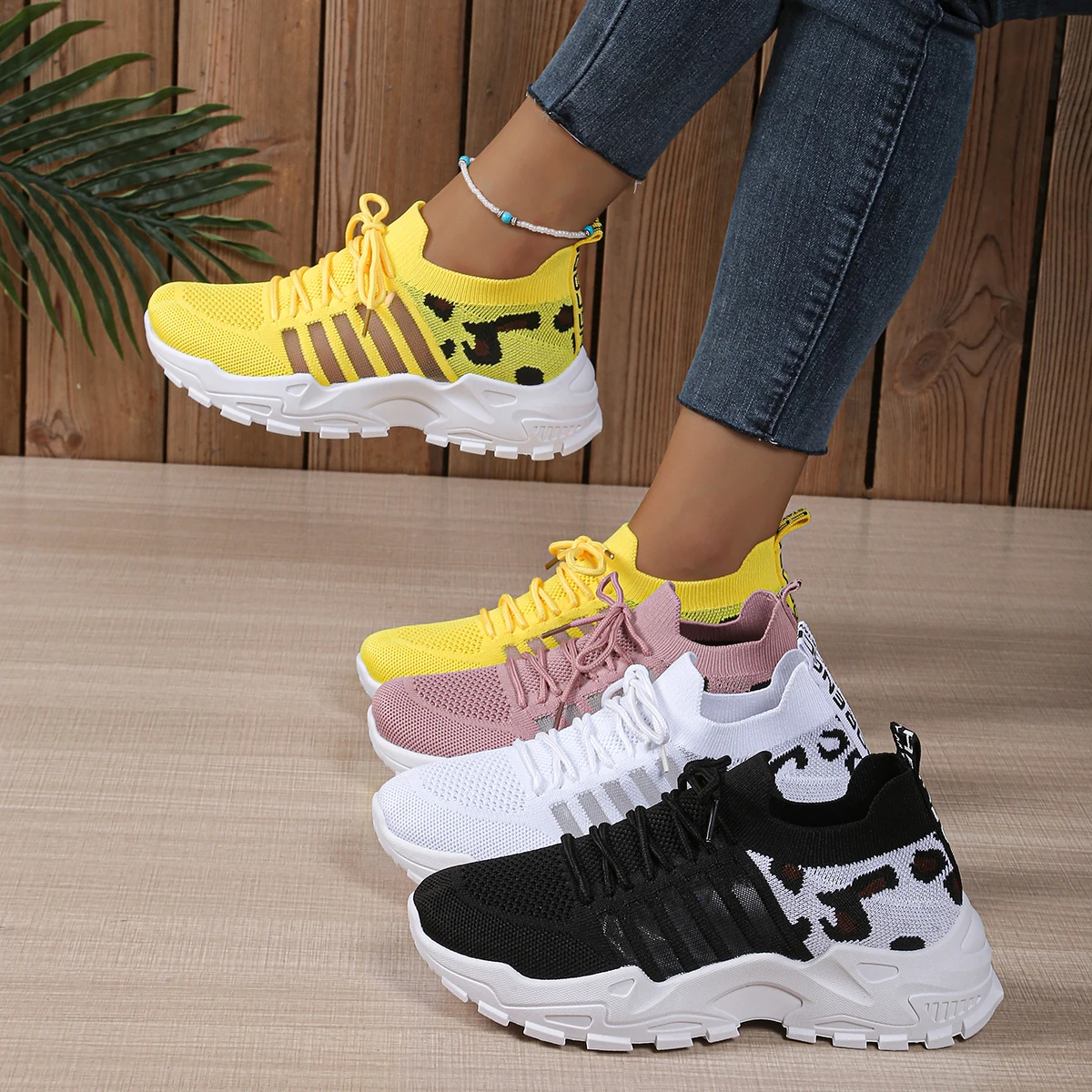 Leopard Print Knit Women's Sneakers Breathable Mesh Lace Up Casual Walking Shoes Non-Slip Thick Sole Fashion Sport Trainers for