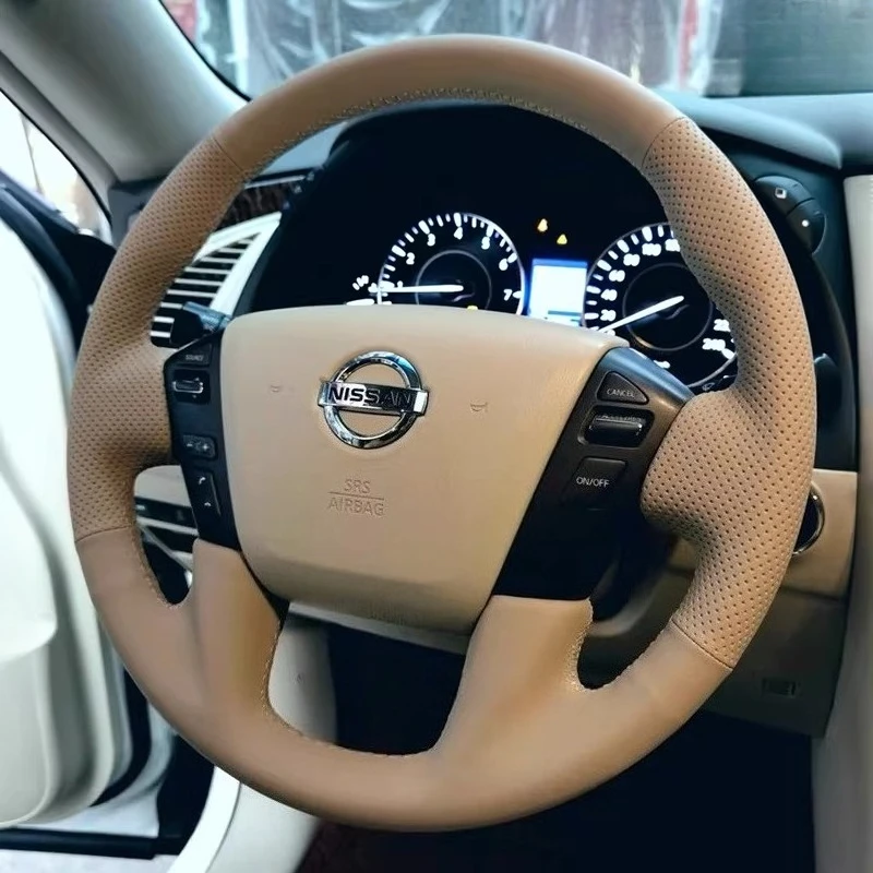 Hand Stitched non-slip black Leather peach wood grain Car Steering Wheel Cover For Nissan Patrol Y62 2012-2018 auto parts
