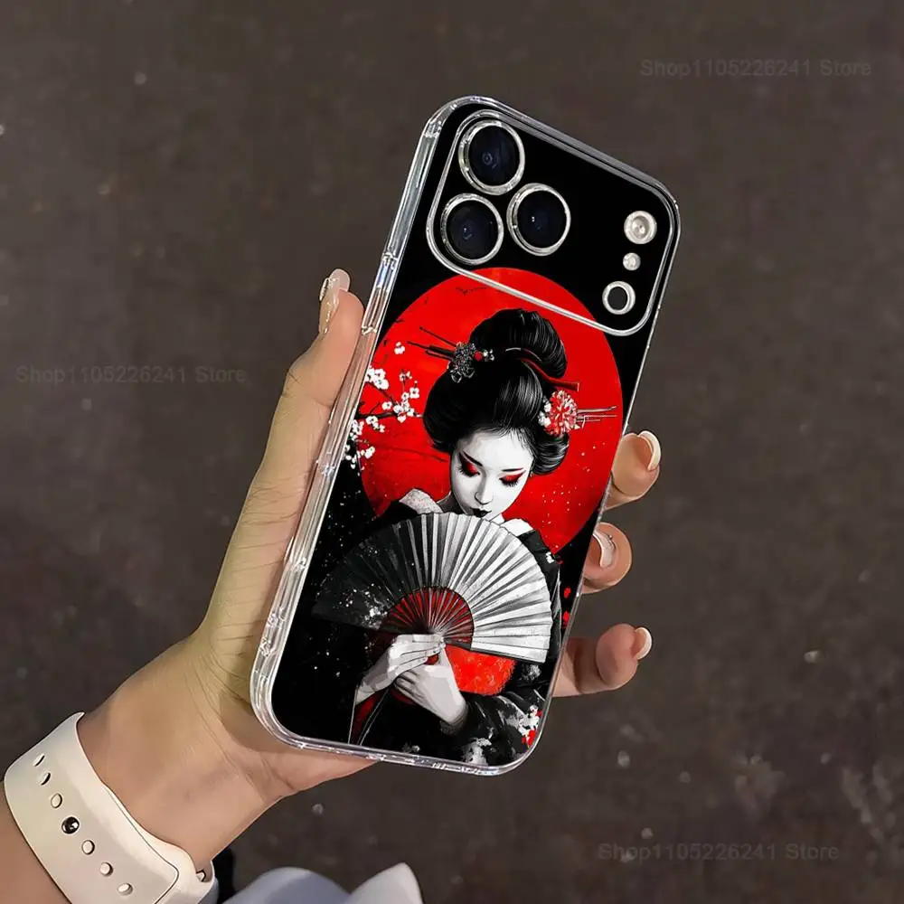 Etui na iPhone'a 16, 13, 12, 11, 17, 14, 15, Pro, Max, Plus, X, XS, XR, SE, Mini z przezroczystego, miękkiego silikonu z motywem gejszy, japońskiej sztuki.