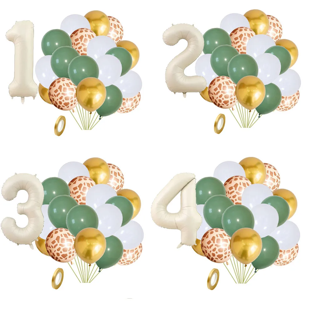 

20pcs Jungle Animal Theme Party Sage Green Balloon Caramel Number 0-9 Foil Balloons Happy Birthday Party Baby Shower Decorations