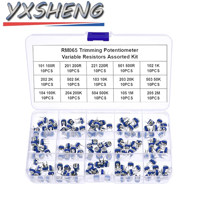 150 قطعة RM065 مقياس جهد التشذيب 100 200 220 500 1K 2K 5K 10K 20K 50K 100K 200K 500K 1M 2MΩ ، مقاومات متغيرة مجموعات متنوعة