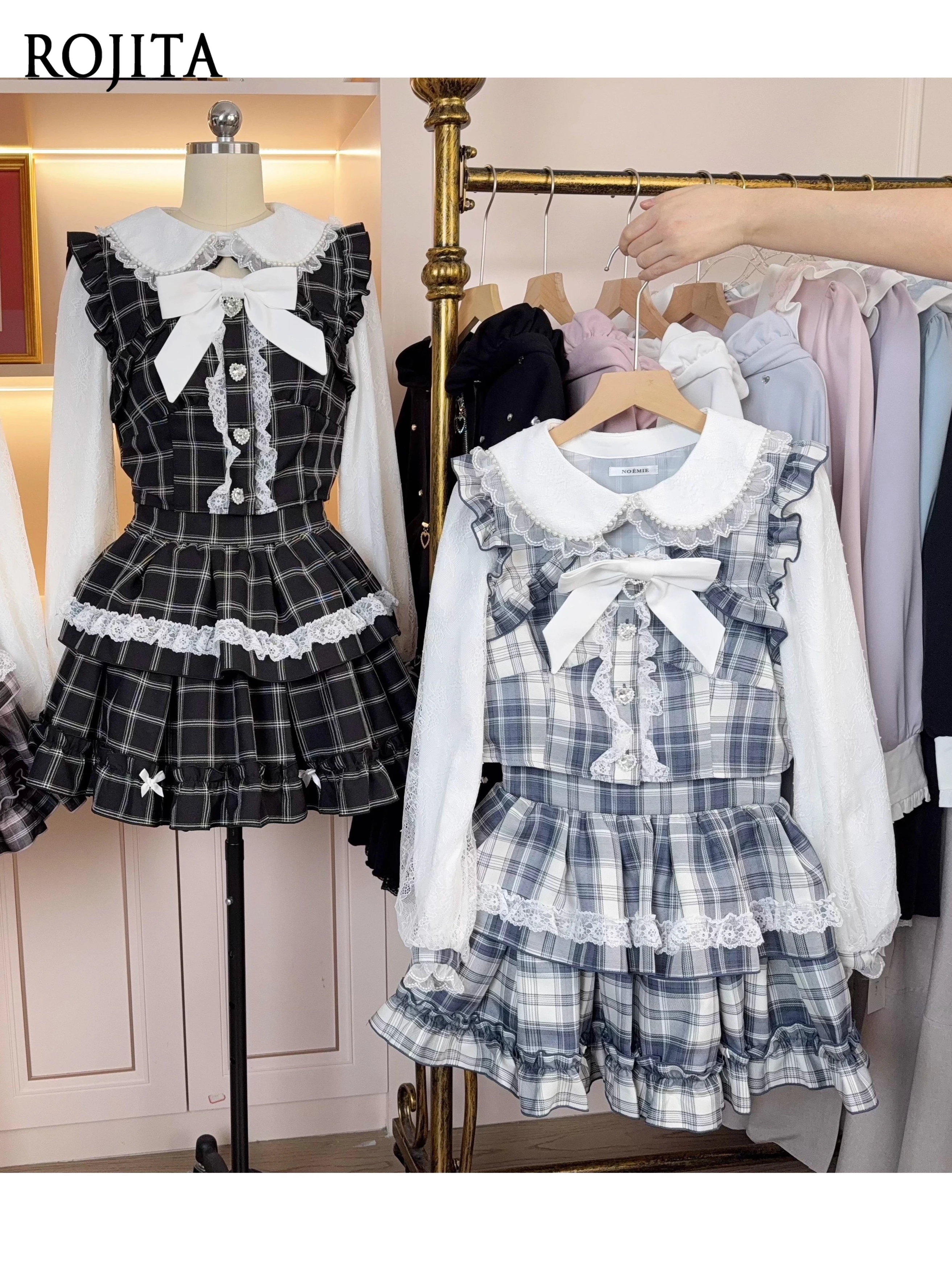 

Plaid Skirt Sets Women Outfits Spring Autumn New Big Bow Lace Patchwork Beaded Doll Collar Tops Long Sleeve Shirts