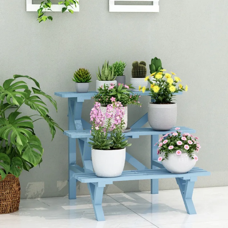 

Stepped three-layer solid wood flower stand Mediterranean balcony garden succulent flower pot stand Outdoor anti-corrosion multi
