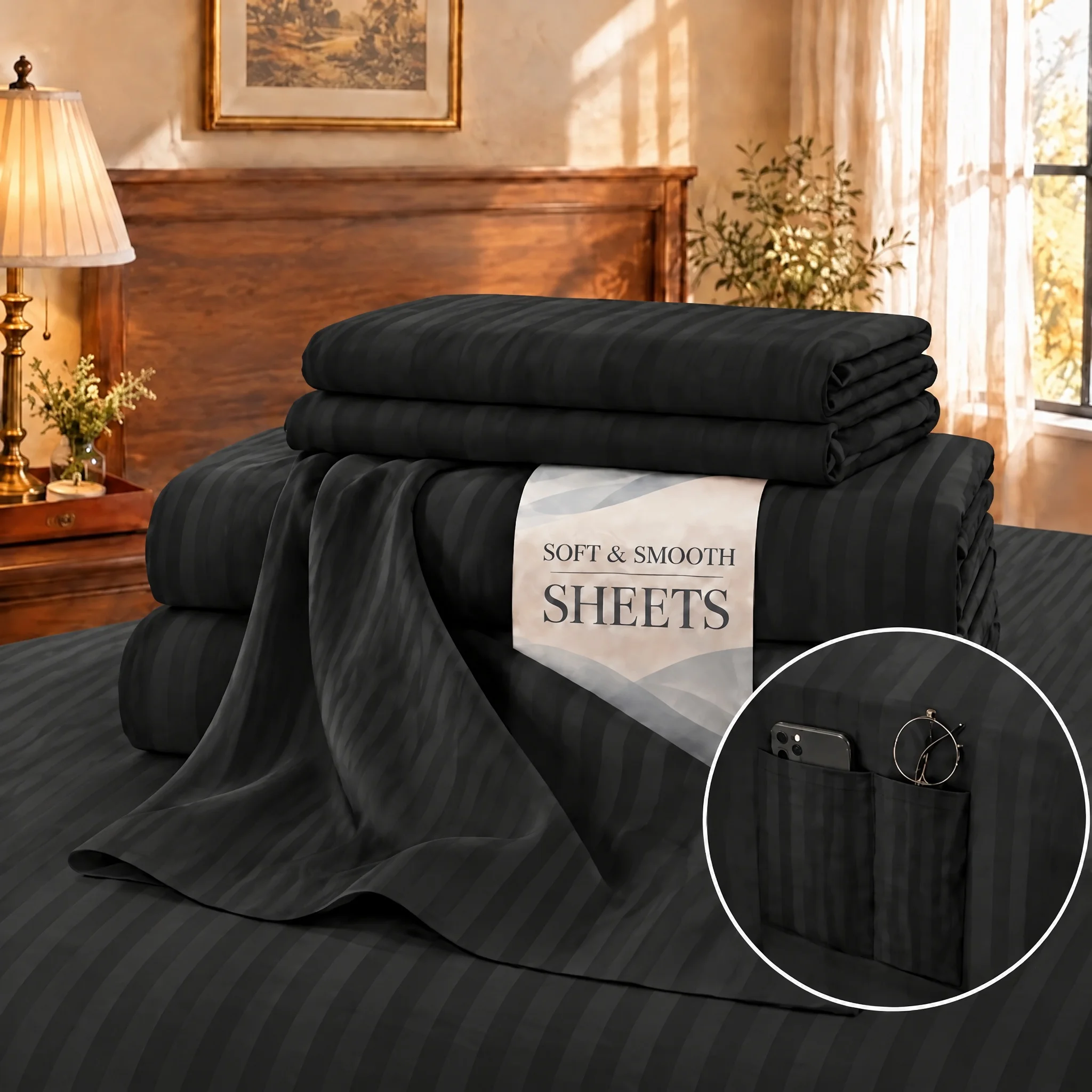 Elegant Comfort 4pcs Striped Sheet Set, 16 Inch Deep Pockets, Ultra Soft Premium Hotel Quality Bedding, Fade & Wrinkle Resistant, Machine Washable, Twin Full Queen King Cal King, for Dorm Guest Room Daily Use