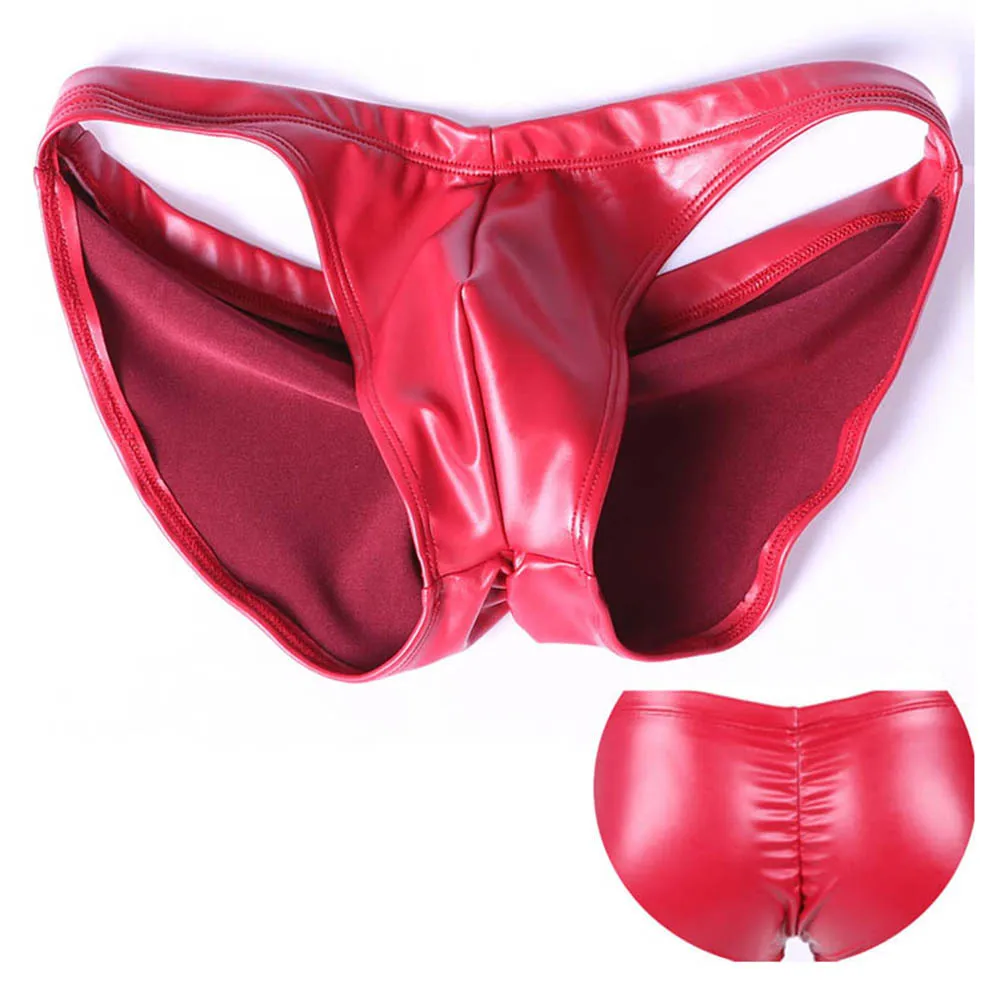 Underpants Men Swimming Briefs Faux Leather M-3XL Size Glossy Low Rise U Pouch Water Proof Swim Shorts Trunks