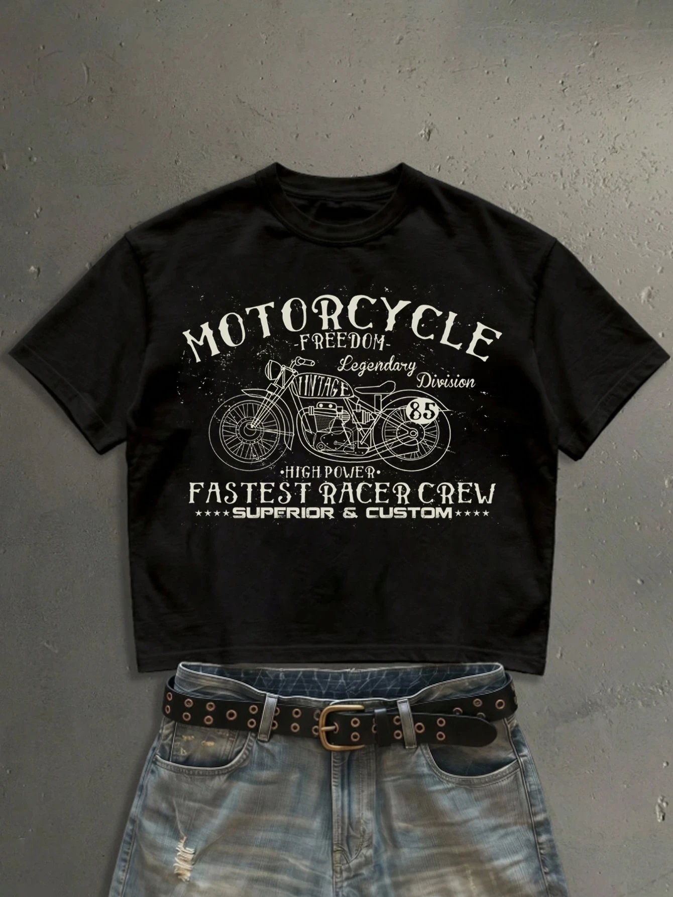 2026 New Family Matching Unisex Oversized T-Shirt Vintage Motorcycle Line Art Freedom Text Chest Front Print Streetwear Tops