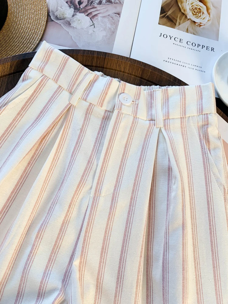 ピンクのストライプ柄スーツパンツ レディース 春夏 オフィスレディー ゆったり ワイドレッグパンツ ハイウエスト カジュアル シンプル 可愛い ストレートパンツ 新作