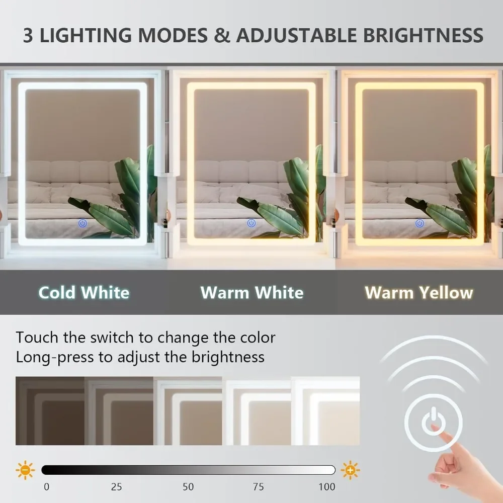 Meja Rias Rias Putih dengan Cermin dan Lampu, Set Meja Rias Besar dengan Stasiun Pengisian Daya, Meja Rias dengan Lemari RGB