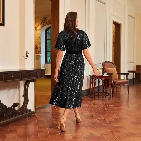 Vestido de noche Formal de manga corta con cuello en V de lujo elegante para mujer con lentejuelas hasta el suelo para fiesta de boda banquete graduación Maxi vestido de cóctel
