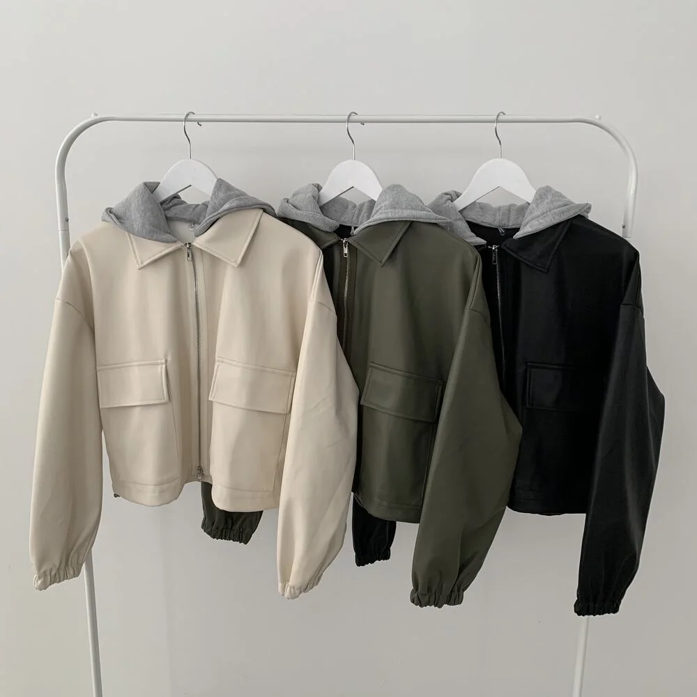 أنيقة ort مقنعين المرقعة السائق Jaet المرأة Sli ملابس خارجية معطف جلد f عالية الياقة طويلة Sve سستة إغلاق #4