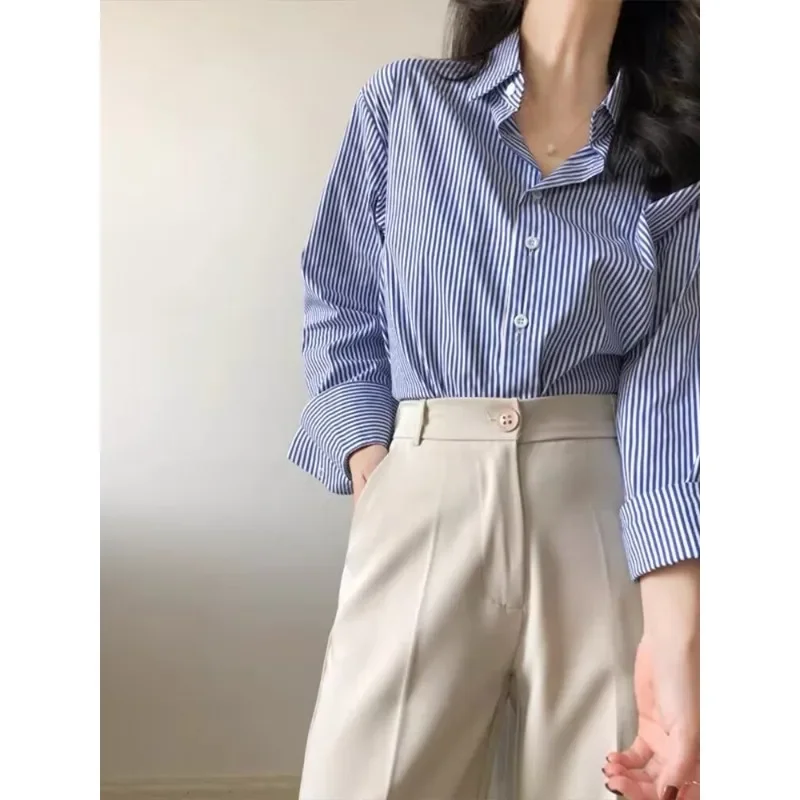 Classic Striped Woman Spring Summer Blouses Shirt Lady Long Sleeve Stand Collar Loose Blusas Tops Y2k Korean Design Chic Tunics
