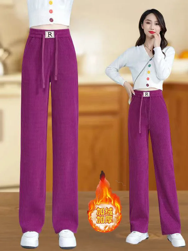 Slim Fit Corduroy Wide Leg Pants Women's Autumn Winter Drapey Casual Straight Cut Loose Versatile Fleece Lined Ladies Trousers