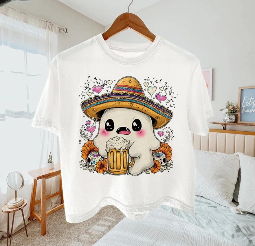 

Футболка с принтом «Призрак пива» и коротким рукавом, обычная женская футболка с круглым вырезом и принтом, милый повседневный топ Kawaii, женская базовая футболка