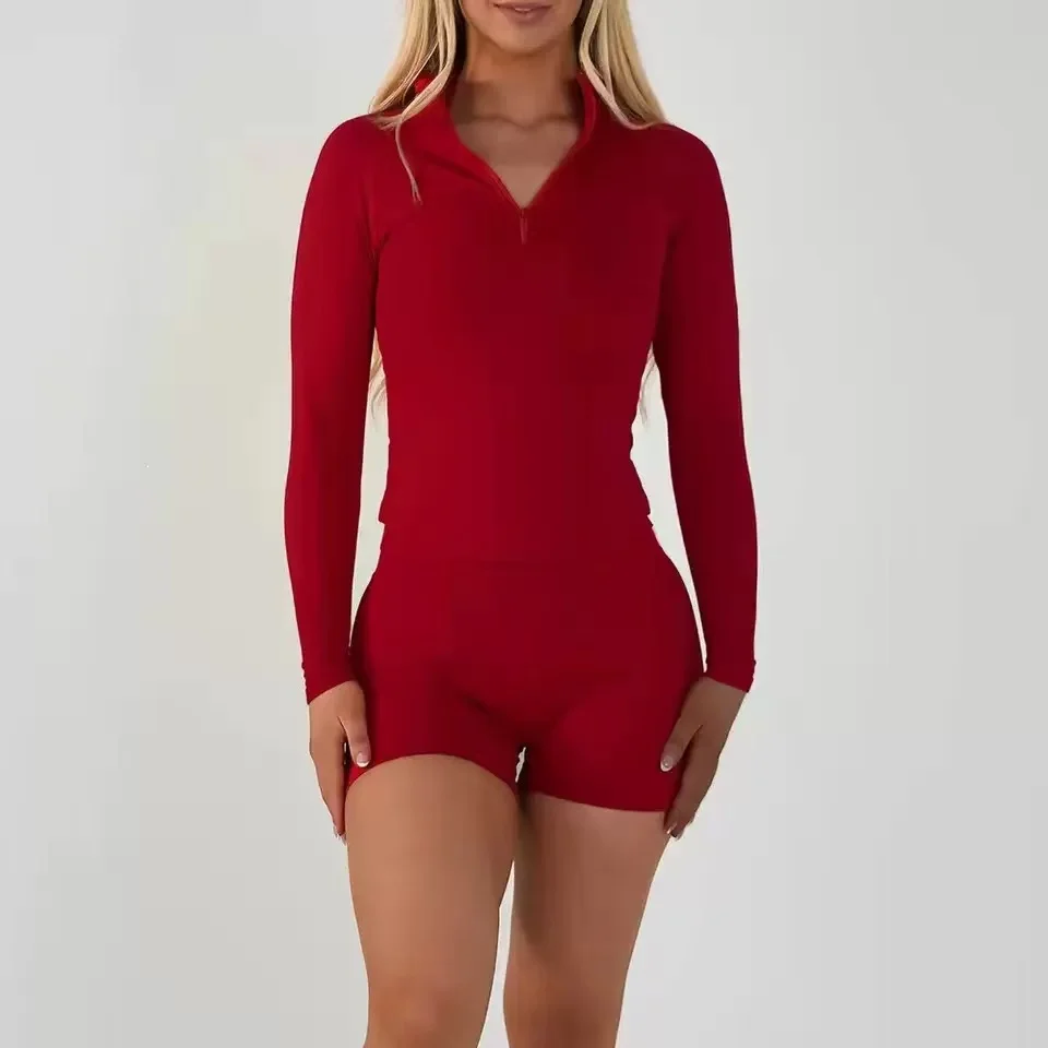 2pcs Long Sleeve Yoga Set Longline Sports Top Gym Shorts Fitness Suits Running Coats Workout SetWomen Half Zippy Jacket