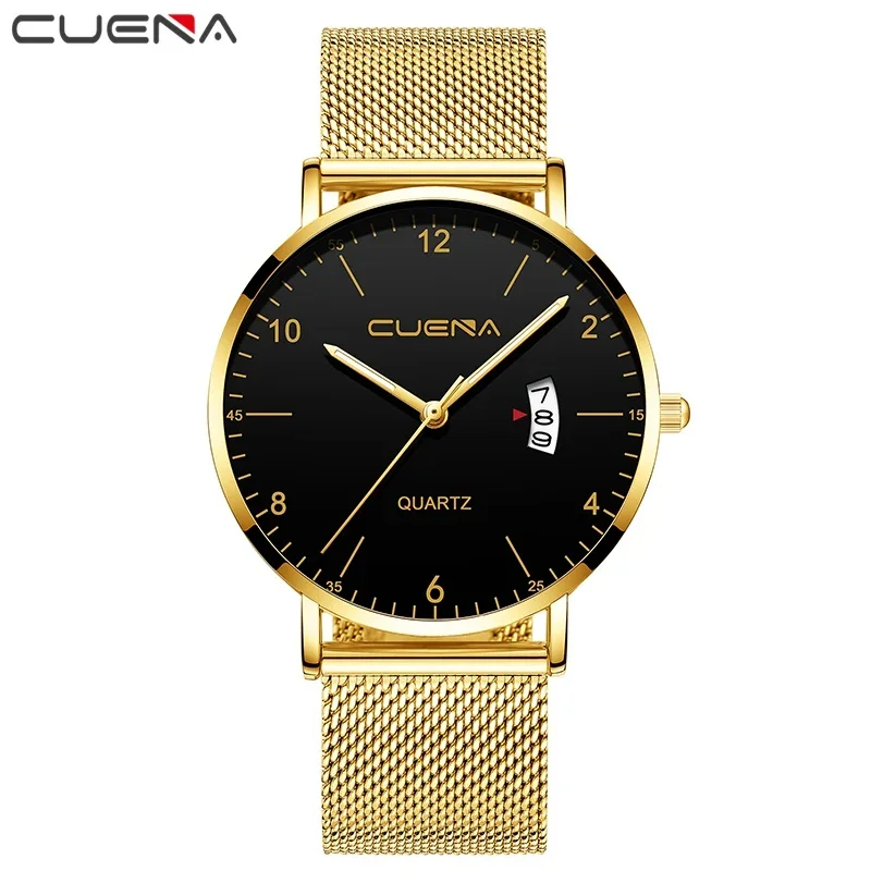 ساعة رجالية فاخرة موضة شبكة من الاستانلس استيل حزام كوارتز ساعة مع تقويم رجل أعمال بسيط ساعة هدية orologio uomo