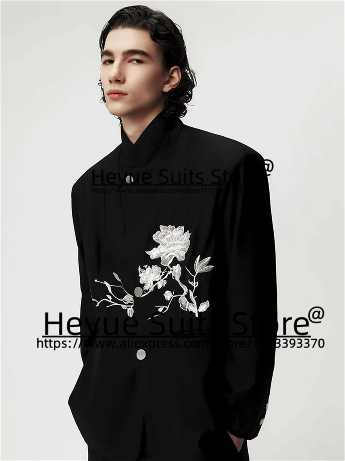 

Chinese Style Embroidery Black High-end Men Suits Slim Fit Stand Collar Groom Tuxedos 2Pcs Sets Classic Male Blazers Ropa Hombre