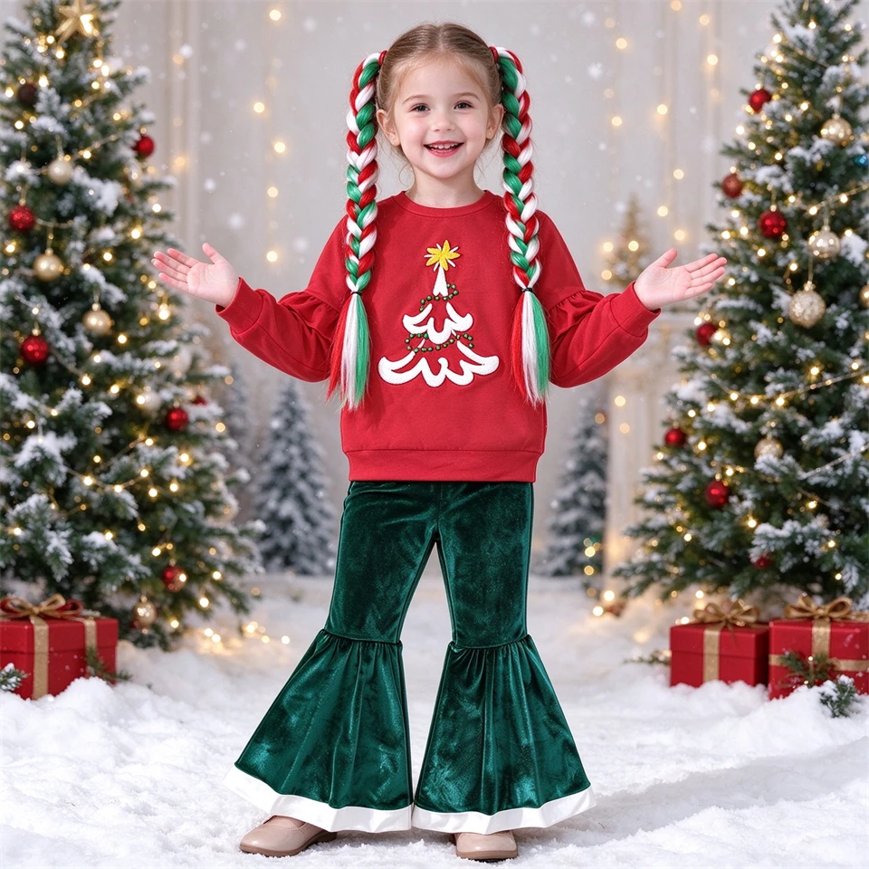 Toddler Little Girls Christmas 2-Piece Outfit 3D Christmas Tree Embroidery Kids Sweatshirt Green Velvet Flared Bell Bottom Pants