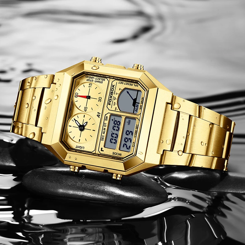 FOXBOX Men Watch Square Gold Stainless Steel Analog Digital Watch for Men Military Sport Waterproof LED Chronograph Reloj Hombre
