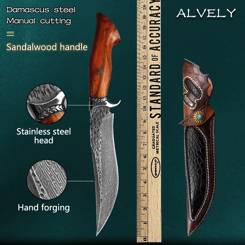 Handmade Hunting Knife Damascus Steel Fixed Blade Knife Leather Sheath Dalbergia Wood Handle Outdoor Survival Camping EDC Tool