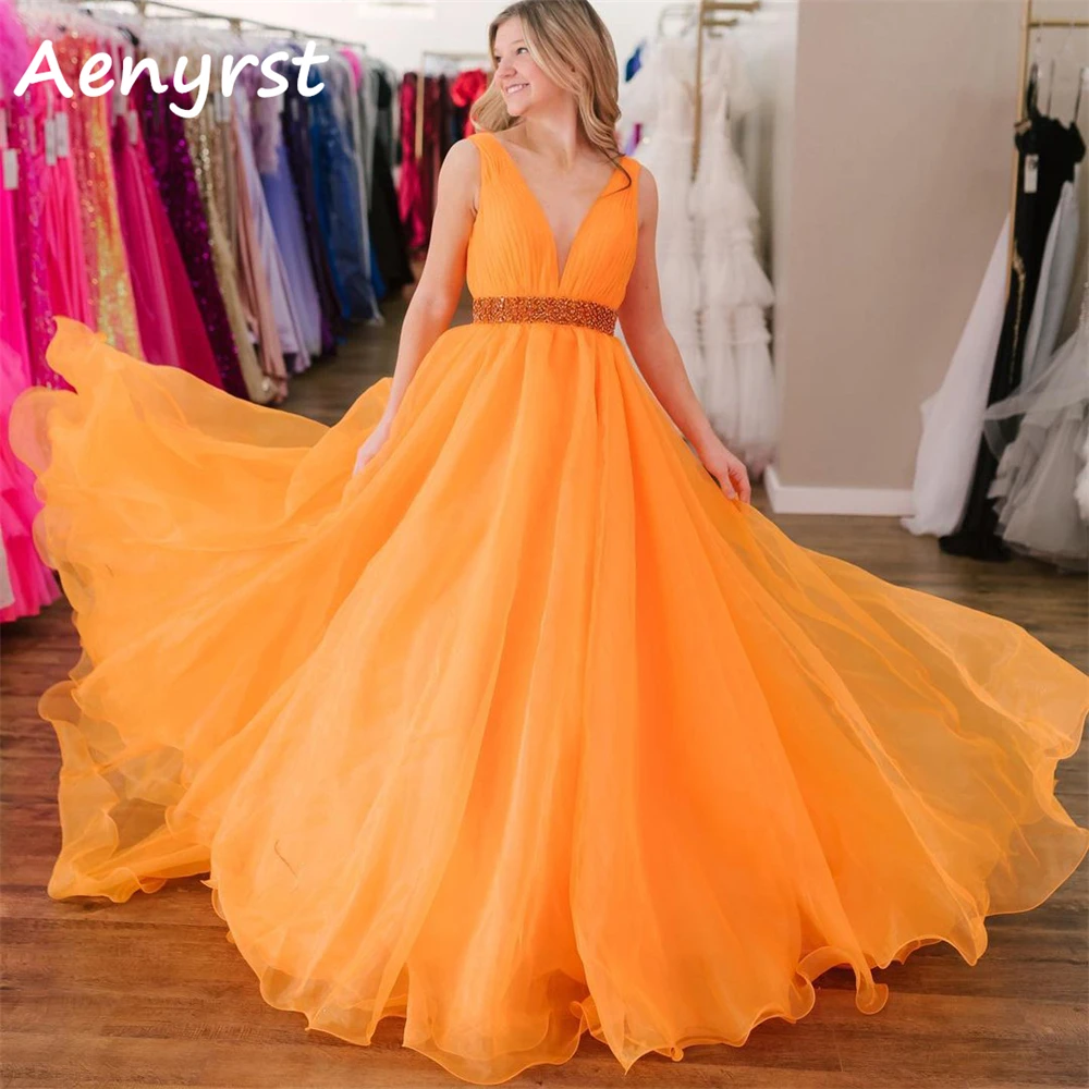 Aenyrst Simple Spaghetti Strap Evening Dresses A Line Tulle V Neck Prom Ball Gowns Floor Length Dinner Party Dress فساتين السهرة