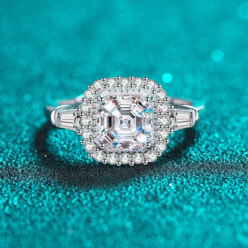 Moissanite Ring  S925 Sterling Silver Beveled Asscher Cut 2ct Moissanite Band for Women