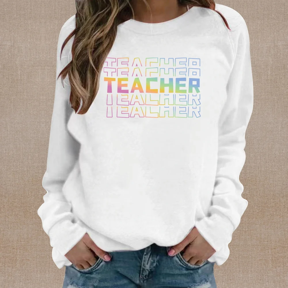 Teacher Pattern Printed Fashion Pullover Fashion Women's ClothingWomen's Crew-neck Hoodie White Casual Longsleeved Sweatshirt