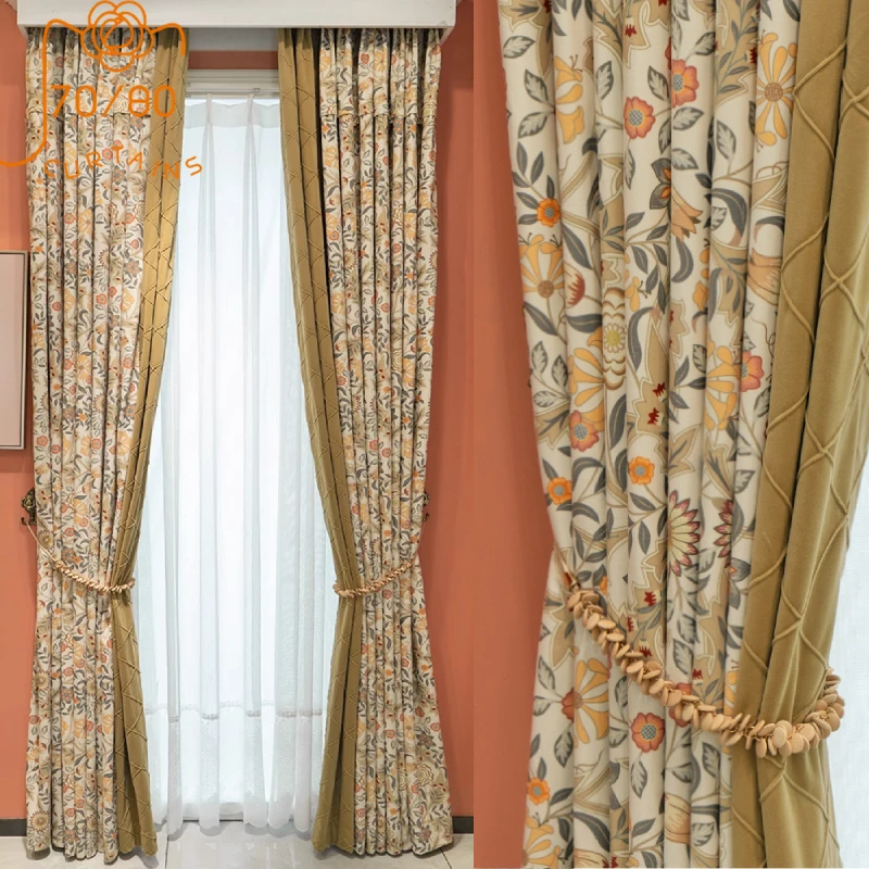 American Style Pastoral Jacquard Stitching Thickened Turmeric Velvet Curtains for Living Room Bedroom French Window Customized