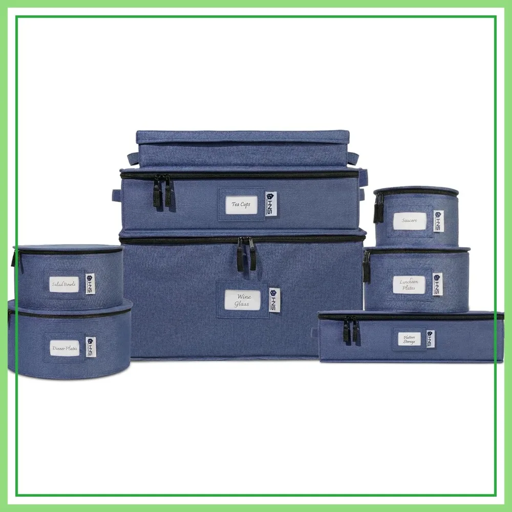 

8-Piece Hard Shell Dish Storage Set for Dinnerware, Glasses, Plates, Mugs, Saucers - Denim Blue