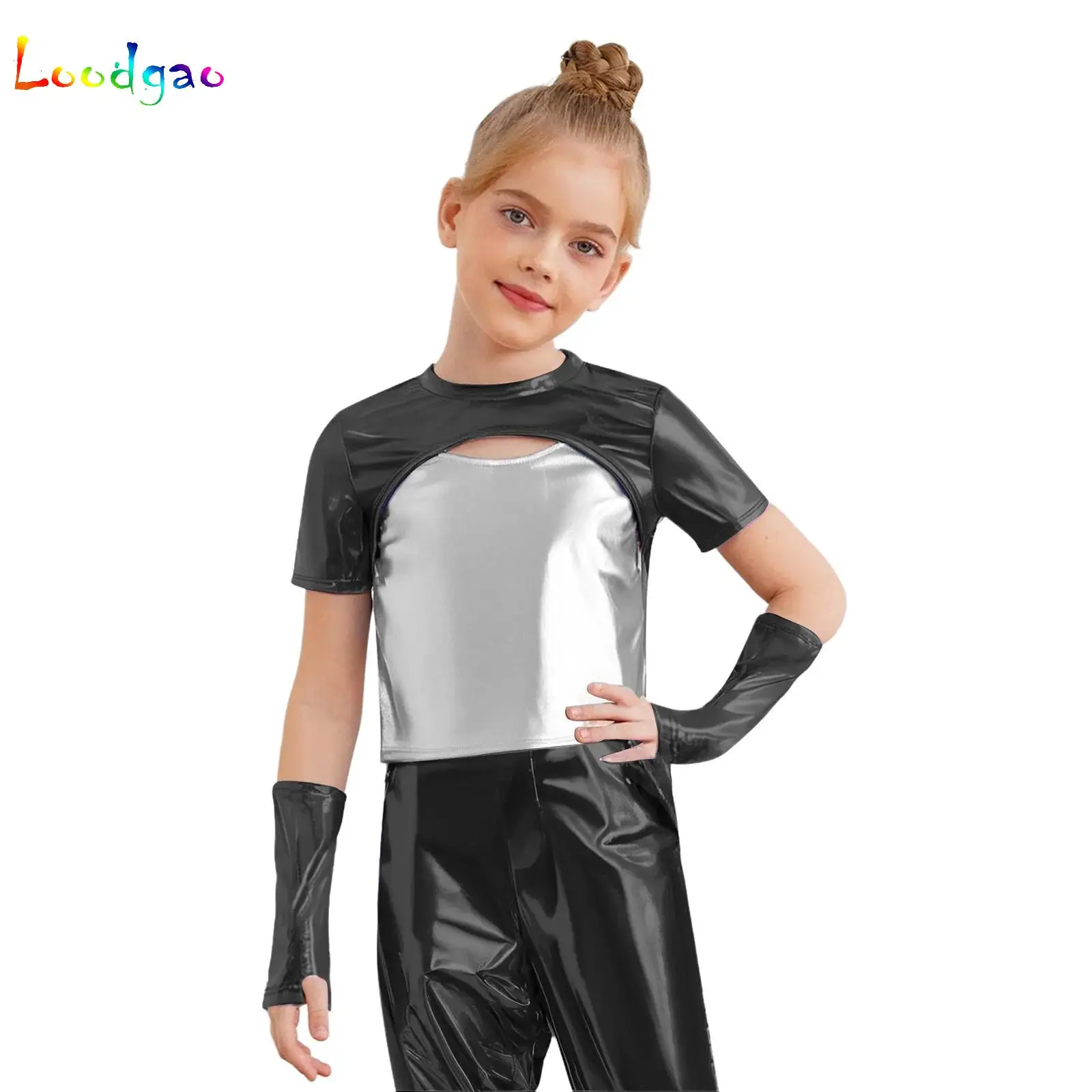 

Kids Girls Jazz Dance Performance Tops Ballet Gymnastics Skating Stage Performance Dance Wear Cutout Front T Shirts with Gloves