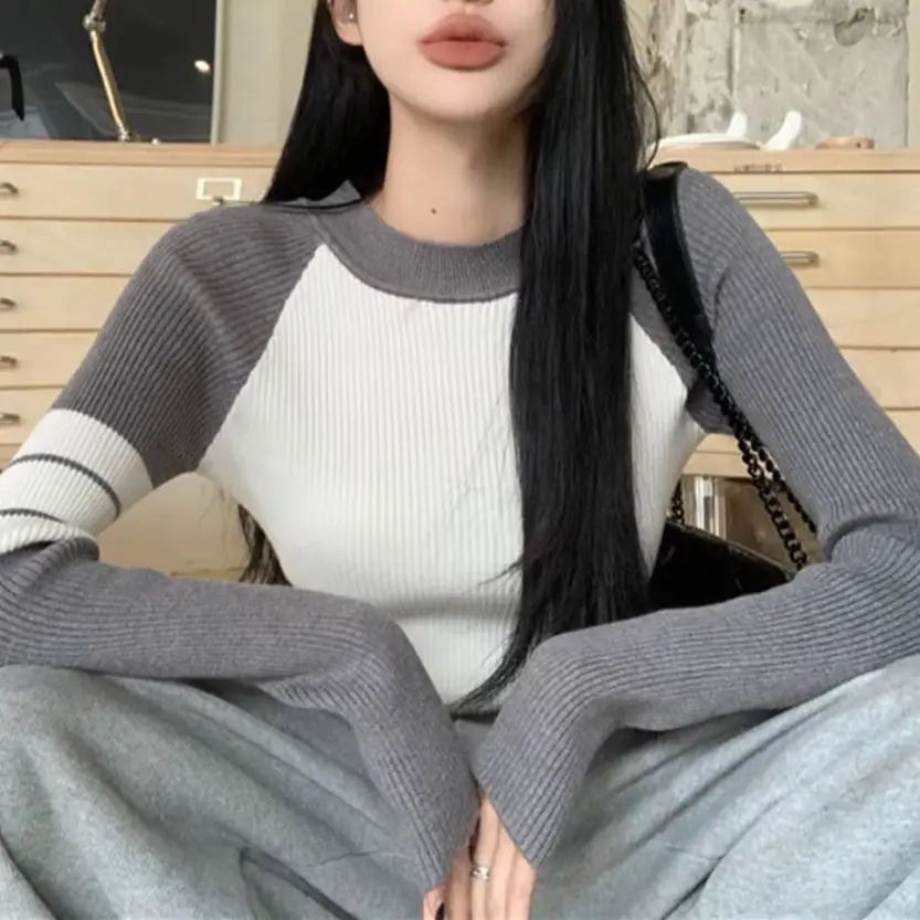 Casual Women Knitwear Sweater Style Color Block Ribbed Knit Top Raglan Sleeves Crew Neck Slim Fit Pullover Autumn Winter Clothes