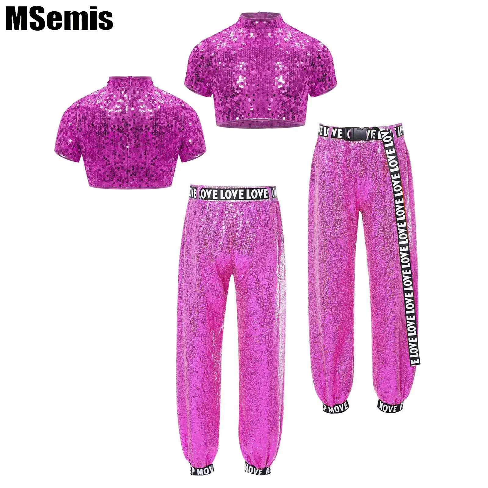 

Girls Sequins Jazz Hiphop Dance Set Sparkly Crop Top with Letter Print Belt Pants Sttreet Dance Performance Costume Suit